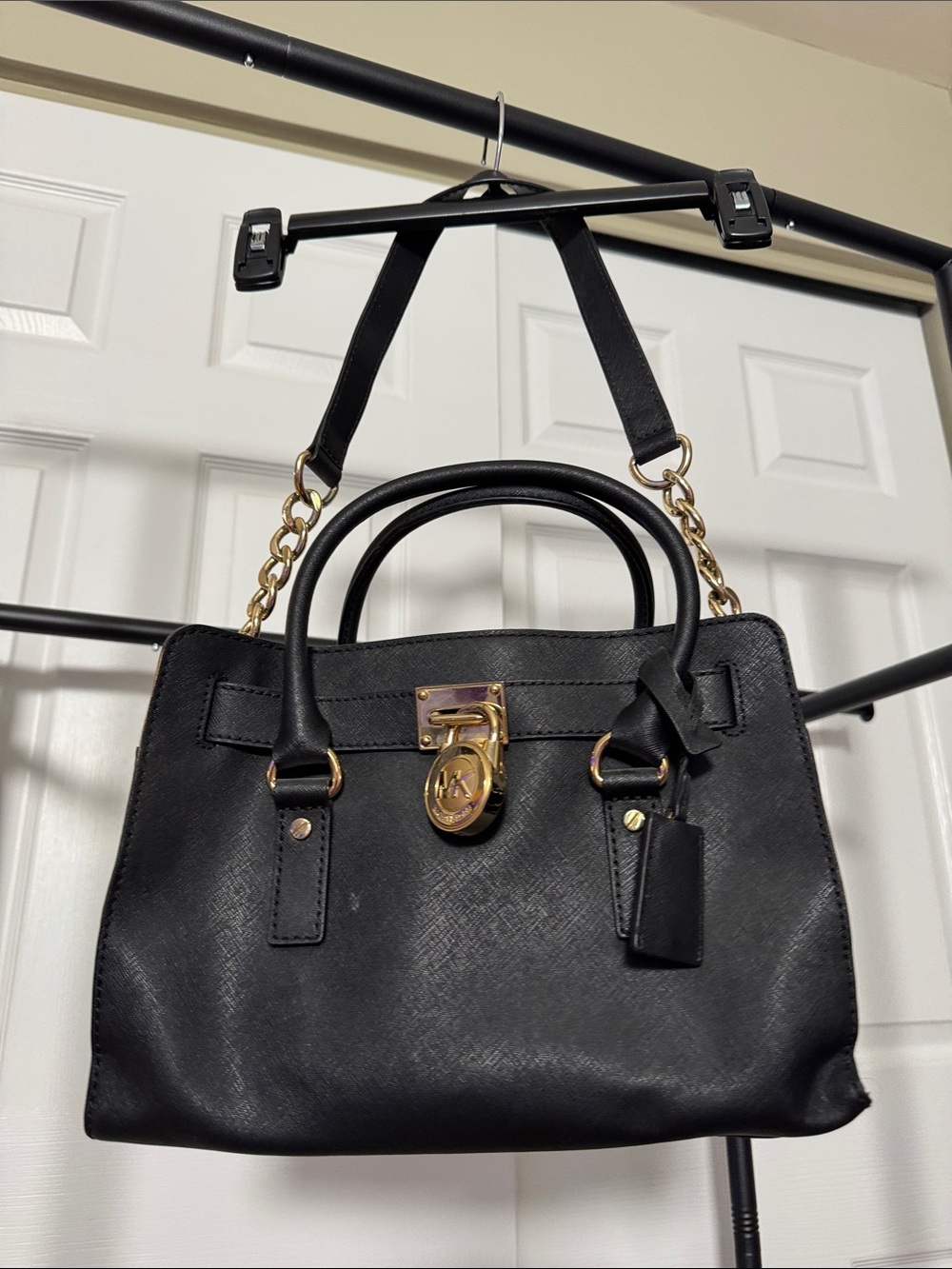 Michael Kors Black Leather Satchel with Gold-Tone Hardware